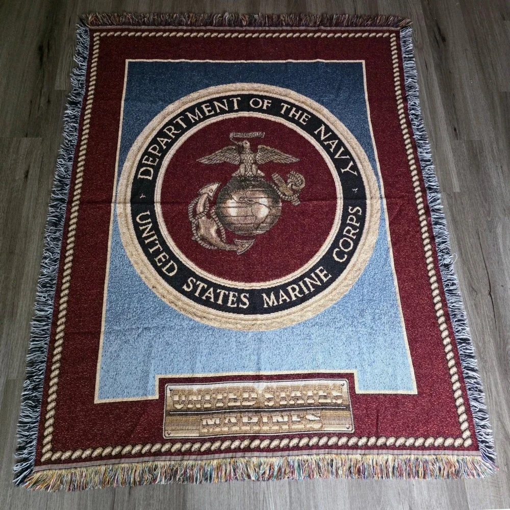VTG US Marine USMC Department of the Navy Woven Tapestry Throw Blanket 58x46